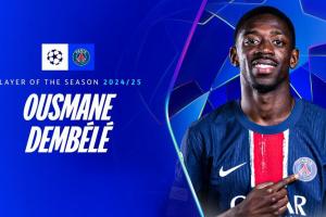 15场8球6助随队夺冠！官方：登贝莱当选24/25赛季欧冠最佳球员！